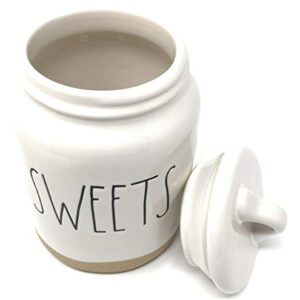 Rae Dunn SWEETS Small White Ceramic Canister with Sand Stone Accent at Base Inscribed