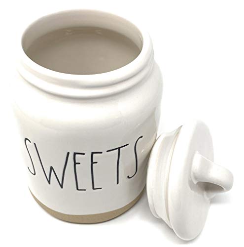 Rae Dunn SWEETS Small White Ceramic Canister with Sand Stone Accent at Base Inscribed