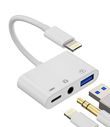 Compatible for iPhone Headphone Adapter 3.5mm AUX Audio Jack Charger Dongle Earphone Splitter Compatible with Lightning Male to USB Female OTG Power Charging Camera MIDI Connector for Apple for ipad