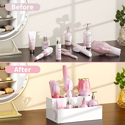 NIUBEE Hair Tool Organizer, White Acrylic Hair Dryer and Styling Holder, Bathroom Countertop Blow Dryer Holder, Vanity Caddy Storage Stand for Accessories, Makeup, Toiletries