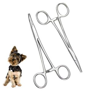 Chi-buy Pets ears/nose hair Puller Straight & Curved full serrated, stainless steel Home Hemostat Locking Forceps, Professional pet grooming tool for cats & dogs 2pcs set