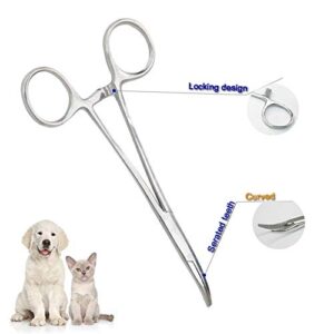 Chi-buy Pets ears/nose hair Puller Straight & Curved full serrated, stainless steel Home Hemostat Locking Forceps, Professional pet grooming tool for cats & dogs 2pcs set