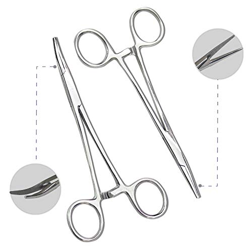 Chi-buy Pets ears/nose hair Puller Straight & Curved full serrated, stainless steel Home Hemostat Locking Forceps, Professional pet grooming tool for cats & dogs 2pcs set