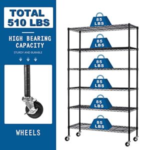 Hudada Garage Shelving 48 inch L×18 inch W×82 inch H Wire Shelving with Wheels Metal Storage Shelves Heavy Duty 6 Tier Adjustable Shelving with Casters for Restaurant Pantry Kitchen Rack - Black