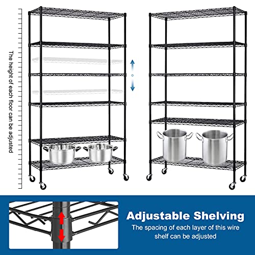 Hudada Garage Shelving 48 inch L×18 inch W×82 inch H Wire Shelving with Wheels Metal Storage Shelves Heavy Duty 6 Tier Adjustable Shelving with Casters for Restaurant Pantry Kitchen Rack - Black