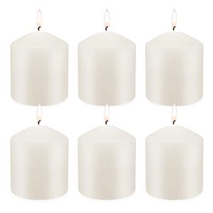 missyo 6 pack 3x3 inch pillar candles, 35 hours dripless smokeless unscented candles for home weddings restaurant spa church and emergency ivory