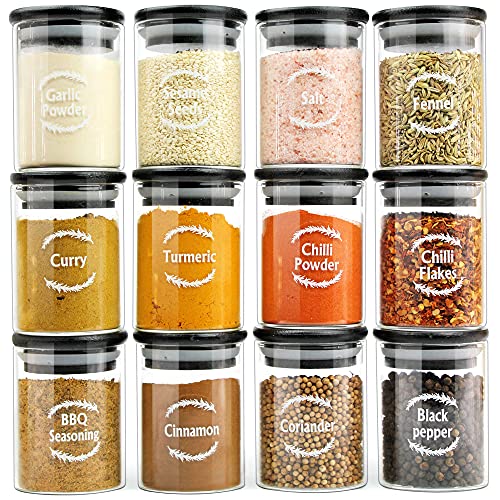 Urban Green Glass Jars with Black Lids, Glass Food Storage Canisters with airtight lids, Glass Spice Containers with Bamboo Lids, Glass Spice Jars, Glass Herb Jars, Spice Jars (12 Sets of 6oz)