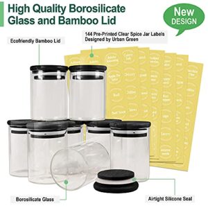 Urban Green Glass Jars with Black Lids, Glass Food Storage Canisters with airtight lids, Glass Spice Containers with Bamboo Lids, Glass Spice Jars, Glass Herb Jars, Spice Jars (12 Sets of 6oz)