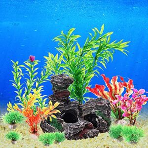 12 Pieces Fish Tank Plant with Rockery View Artificial Aquarium Plants Landscape Simulation Plastic Hydroponic Plants Mountain Rock Artificial Aquarium Plants for Fish Tank Betta