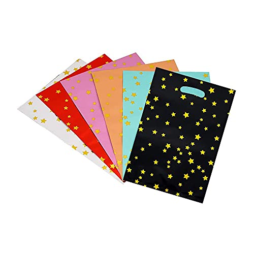 SZEJONAN Bright Colorful Plastic Party Faovr Bags Bulk Goodie bags for Kids Birthday Party (48 Pcs, Gold Stars)