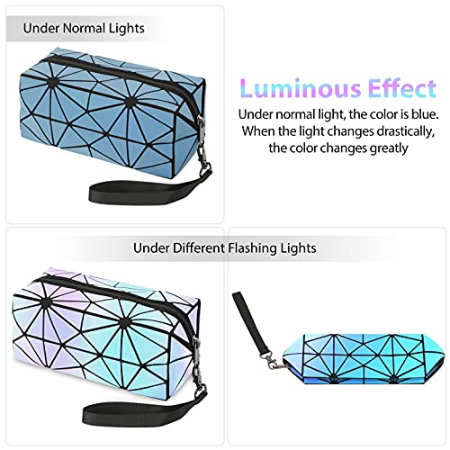 Luminous Pencil Pen Pouch Big Capacity,Geometric Portable Holographic Reflective Pencil case, Zipper Stationery Storage Pouch,Pen Marker Case for High Middle Primary School Student Office (blue)