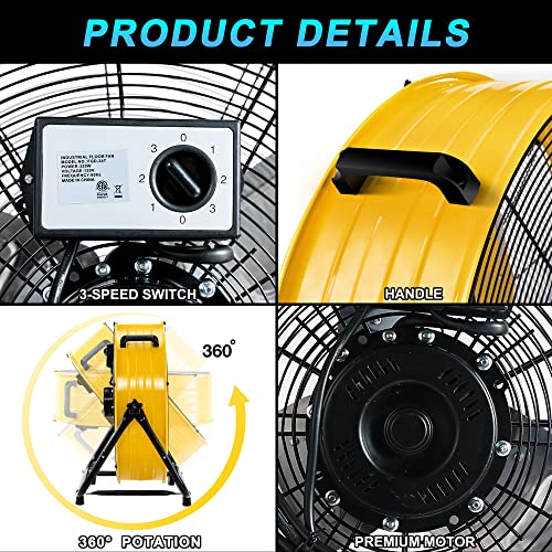 WARMLREC Industrial Fan 24 Inch Heavy Duty Drum 3 Speed 8800 CFM Air Circulation High Velocity Fan For Warehouse, Workshop, Factory, Commercial, Residential and Greenhouse Yellow