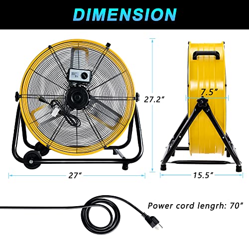 WARMLREC Industrial Fan 24 Inch Heavy Duty Drum 3 Speed 8800 CFM Air Circulation High Velocity Fan For Warehouse, Workshop, Factory, Commercial, Residential and Greenhouse Yellow