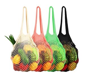 [4 pack] premium mesh grocery bags, reusable produce bags, long handle net tote bags, 100% cotton string bags, fruit and vegetable bags, 4 colors (portable/washable/durable)