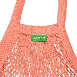 [4 Pack] Premium Mesh Grocery Bags, Reusable Produce Bags, Long Handle Net Tote Bags, 100% Cotton String Bags, Fruit and Vegetable Bags, 4 colors (Portable/Washable/Durable)