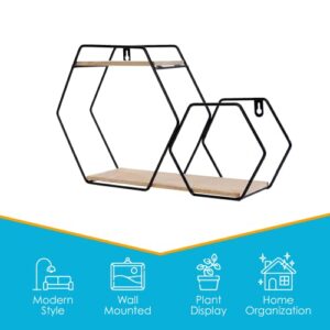 Houseables Hexagon Shelves, Wall Hanging, 16”x9”x4”, Small Wood, Black Iron, Metal Wire, Boho Geometric Honeycomb Shelf for Bathroom, Bedroom, Kitchen, Office, Storage, Plants, and Home Decor