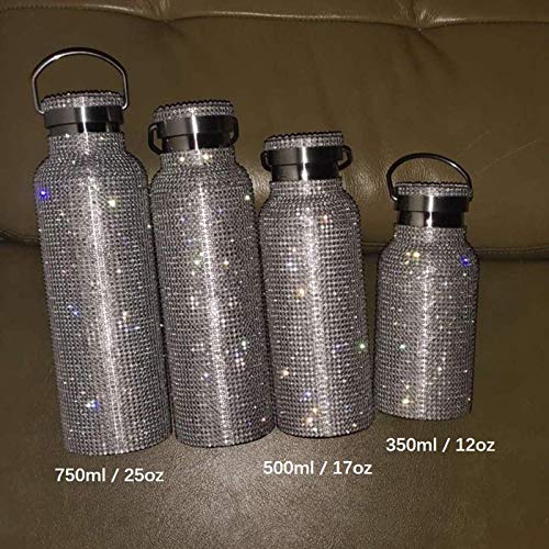 TRERS Diamond Water Bottle, Stainless Steel Insulated Water Bottle 121725oz, Glitter Water Bottles for Women Refillable Water Bottles for Women (Silver, 350ml12oz)