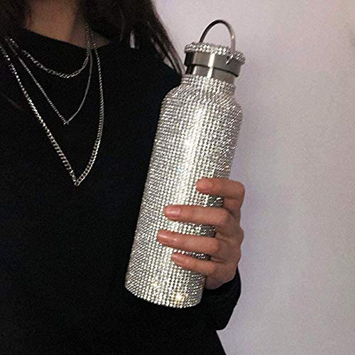 TRERS Diamond Water Bottle, Stainless Steel Insulated Water Bottle 121725oz, Glitter Water Bottles for Women Refillable Water Bottles for Women (Silver, 350ml12oz)