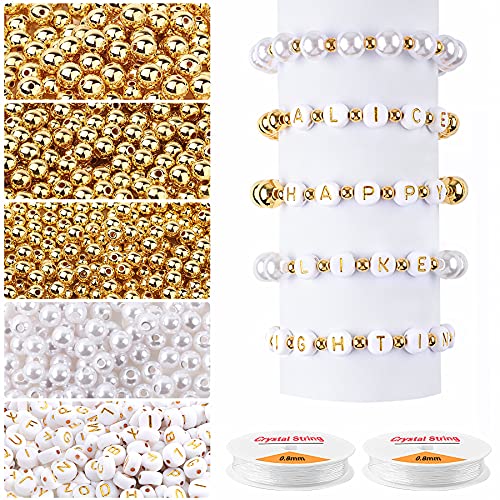 1800Pcs Beads Making Kit, 1500Pcs Gold Round Spacer Beads Smooth Loose Ball Beads, 150Pcs Alphabet Beads, 150Pcs White Pearls Beads and 2 Rolls Elastic String for DIY Bracelet Jewelry Craft