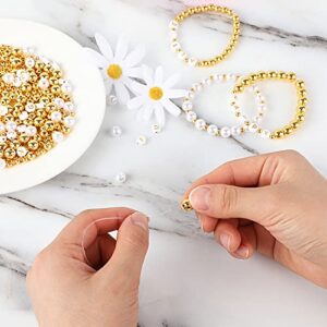 1800Pcs Beads Making Kit, 1500Pcs Gold Round Spacer Beads Smooth Loose Ball Beads, 150Pcs Alphabet Beads, 150Pcs White Pearls Beads and 2 Rolls Elastic String for DIY Bracelet Jewelry Craft