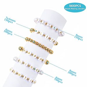 1800Pcs Beads Making Kit, 1500Pcs Gold Round Spacer Beads Smooth Loose Ball Beads, 150Pcs Alphabet Beads, 150Pcs White Pearls Beads and 2 Rolls Elastic String for DIY Bracelet Jewelry Craft