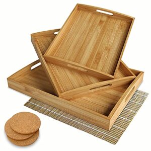 set of 3 large bamboo serving trays – large serving tray with handles – coffee table tray – food tray – bed tray