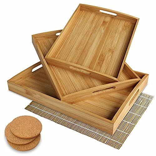 Set of 3 Large Bamboo Serving Trays – Large Serving Tray with Handles – Coffee Table Tray – Food Tray – Bed Tray