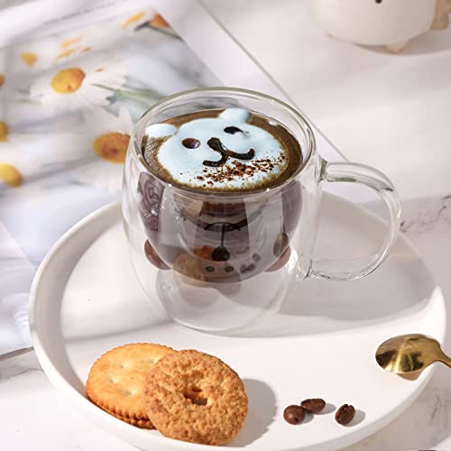 Cute Bear Tea Cup Double Wall Glass Milk Coffee Bear Mug with Handle Insulated Espresso christmas Beer Cup Cute Birthday gift for Women Men Valentine's Day, 250 ml/ 8.4 oz (White, 1 Piece)