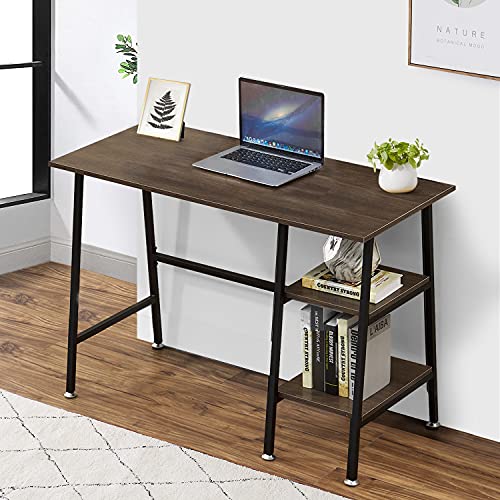 VECELO Computer Writing Wooden Study Table with 2 Tier Storage Shelves on Left or Right for Laptops, Modern Simple Workstation with Metal Frame for Home Office, Ladder Desk, Coffee+Black Leg