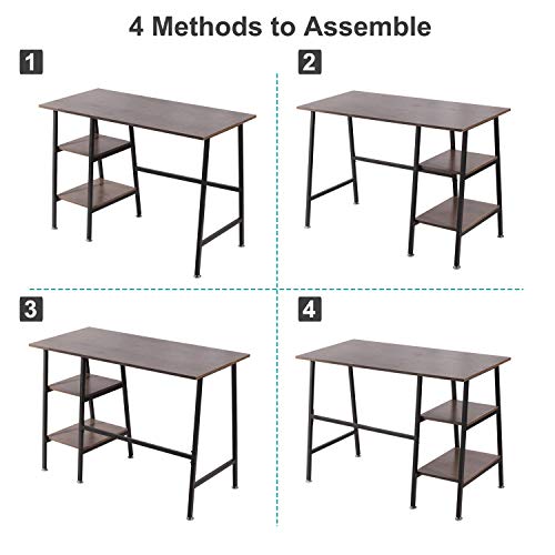 VECELO Computer Writing Wooden Study Table with 2 Tier Storage Shelves on Left or Right for Laptops, Modern Simple Workstation with Metal Frame for Home Office, Ladder Desk, Coffee+Black Leg