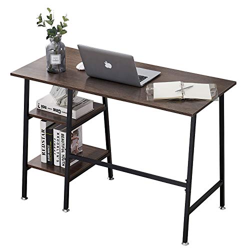 VECELO Computer Writing Wooden Study Table with 2 Tier Storage Shelves on Left or Right for Laptops, Modern Simple Workstation with Metal Frame for Home Office, Ladder Desk, Coffee+Black Leg