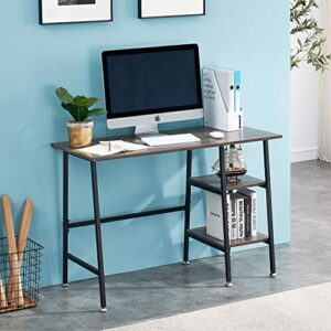 VECELO Computer Writing Wooden Study Table with 2 Tier Storage Shelves on Left or Right for Laptops, Modern Simple Workstation with Metal Frame for Home Office, Ladder Desk, Coffee+Black Leg