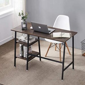 VECELO Computer Writing Wooden Study Table with 2 Tier Storage Shelves on Left or Right for Laptops, Modern Simple Workstation with Metal Frame for Home Office, Ladder Desk, Coffee+Black Leg