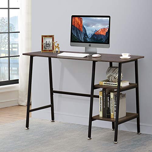 VECELO Computer Writing Wooden Study Table with 2 Tier Storage Shelves on Left or Right for Laptops, Modern Simple Workstation with Metal Frame for Home Office, Ladder Desk, Coffee+Black Leg