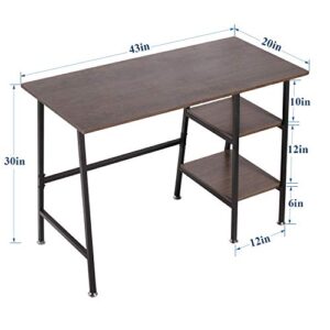 VECELO Computer Writing Wooden Study Table with 2 Tier Storage Shelves on Left or Right for Laptops, Modern Simple Workstation with Metal Frame for Home Office, Ladder Desk, Coffee+Black Leg