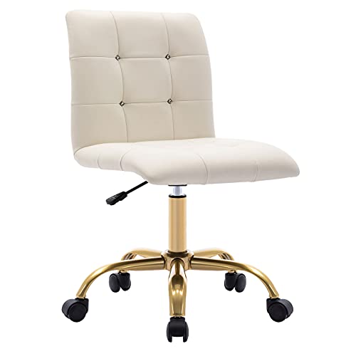 Duhome Rolling Desk Chair for Women Girls, Elegant Vanity Chair with Wheels Button Tufted Home Office Chair for Bedroom Living Room Office White PU Leather