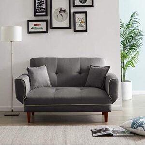 convertible futon sofa bed with 2 pillows, sleeper sofa futon couch, recliner couch with adjustable armrest and wood legs, living room sofa with 5-angle backrest for small space (grey)