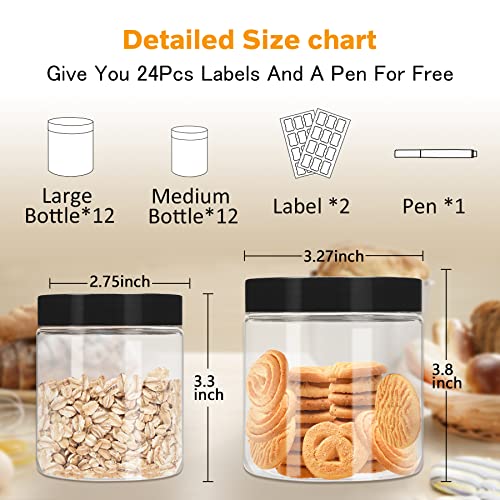 Plastic Jars with Lids 8 oz & 14 oz 24 Pcs Clear Plastic Slime Storage Jars Containers with Airtight Leak Proof Black Plastic Screw On Lids Cylinder Clear Round Jars Easy Clean Food Grade Durable Jars…
