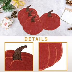 OWENIE Fall Placemats Set of 4, Embroidered Harvest Pumpkins Placemats, Thanksgiving Placemats for Autumn Decorations, Boho Farmhouse Table Mats, Halloween Doilies, Red, 15 Inch Diecut