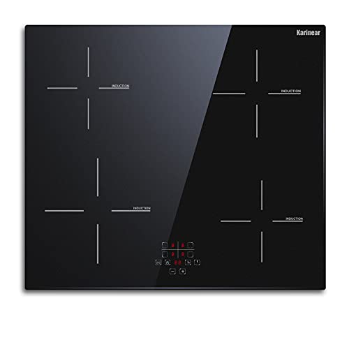 Karinear 24 Inch Induction Cooktop 4 Burner Electric Cooktop, Drop-in Induction Burner with Timer and Child Lock, Pause Function, Vitro Ceramic Glass, 220-240V, 6400W, Hard Wired(No Plug)