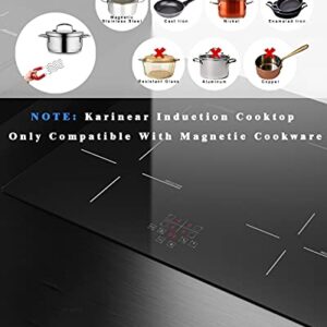 Karinear 24 Inch Induction Cooktop 4 Burner Electric Cooktop, Drop-in Induction Burner with Timer and Child Lock, Pause Function, Vitro Ceramic Glass, 220-240V, 6400W, Hard Wired(No Plug)