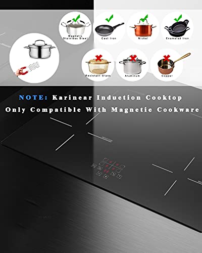 Karinear 24 Inch Induction Cooktop 4 Burner Electric Cooktop, Drop-in Induction Burner with Timer and Child Lock, Pause Function, Vitro Ceramic Glass, 220-240V, 6400W, Hard Wired(No Plug)