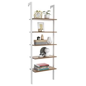 tangkula industrial ladder shelf against the wall, 5-tier wall mount ladder bookshelf with metal frame, 72 inches open bookcase plant flower stand display storage rack for home office