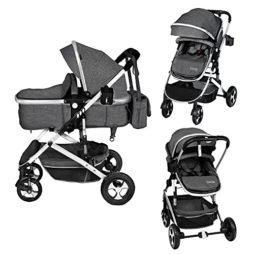 Kinder King 2 in 1 Convertible Baby Stroller, Folding High Landscape Infant Carriage, Newborn Reversible Bassinet Pram, Adjustable Canopy, Diaper Bag, Anti-Shock Toddler Pushchair Stroller, Dark Grey