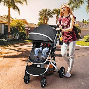 Kinder King 2 in 1 Convertible Baby Stroller, Folding High Landscape Infant Carriage, Newborn Reversible Bassinet Pram, Adjustable Canopy, Diaper Bag, Anti-Shock Toddler Pushchair Stroller, Dark Grey