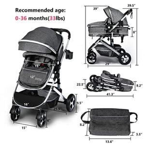 Kinder King 2 in 1 Convertible Baby Stroller, Folding High Landscape Infant Carriage, Newborn Reversible Bassinet Pram, Adjustable Canopy, Diaper Bag, Anti-Shock Toddler Pushchair Stroller, Dark Grey