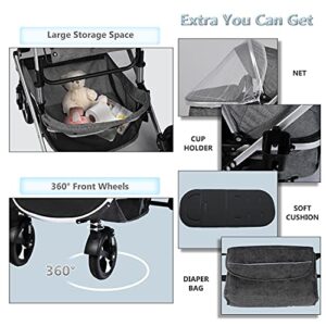 Kinder King 2 in 1 Convertible Baby Stroller, Folding High Landscape Infant Carriage, Newborn Reversible Bassinet Pram, Adjustable Canopy, Diaper Bag, Anti-Shock Toddler Pushchair Stroller, Dark Grey