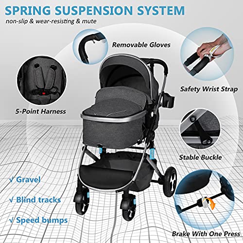 Kinder King 2 in 1 Convertible Baby Stroller, Folding High Landscape Infant Carriage, Newborn Reversible Bassinet Pram, Adjustable Canopy, Diaper Bag, Anti-Shock Toddler Pushchair Stroller, Dark Grey