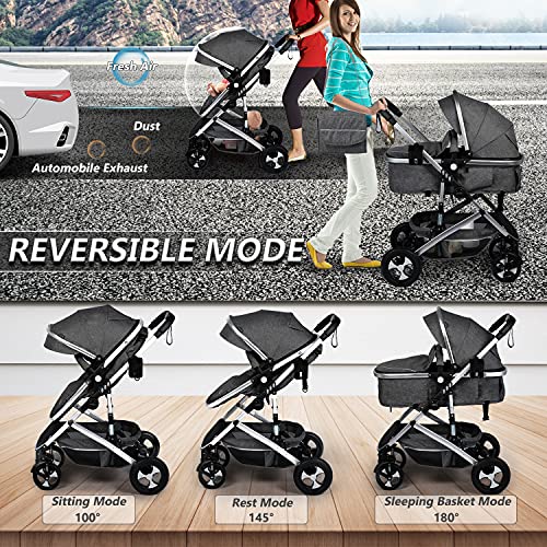 Kinder King 2 in 1 Convertible Baby Stroller, Folding High Landscape Infant Carriage, Newborn Reversible Bassinet Pram, Adjustable Canopy, Diaper Bag, Anti-Shock Toddler Pushchair Stroller, Dark Grey