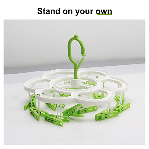 Bobrv Clothes Hangers with 16 Clips, Sock Underwear Baby Hanger, Hanging Drying Rack, Plastic Laundry Clip and Drip Clothespin Rack for Towel, Hat, Scarf, Green, 9 x inches